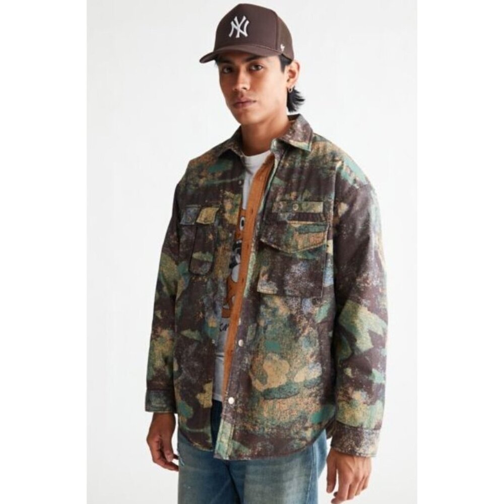 BDG Mens Ripstop Filled Shirt Jacket Quilted Camo Button Snap Front Green‎ XL